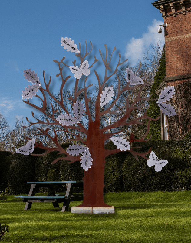 Metal tree sculpture at Over The Wall Camp
